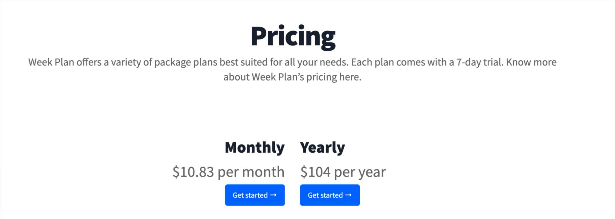 Week Plan Pricing
